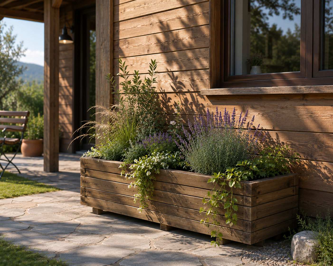 JARDINERA RECTANGULAR RECTA DE MADERA TRATADA